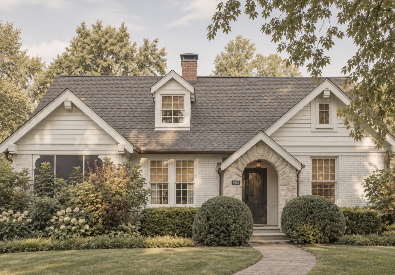 Green Hills, Nashville — a white brick ranch home with a stone arched entry and curved walkway under mature trees