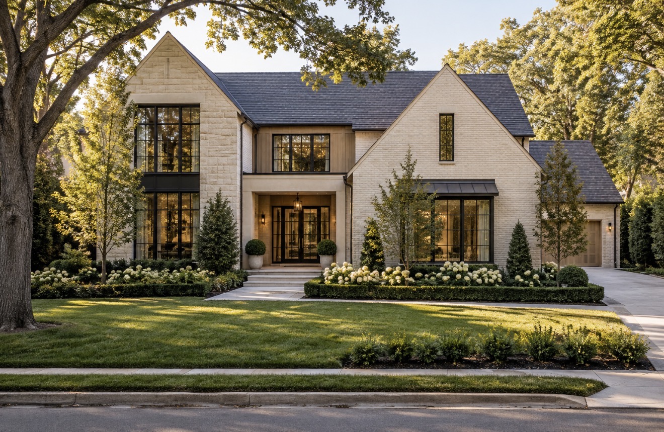 Stone-and-brick home with landscaping in Green Hills