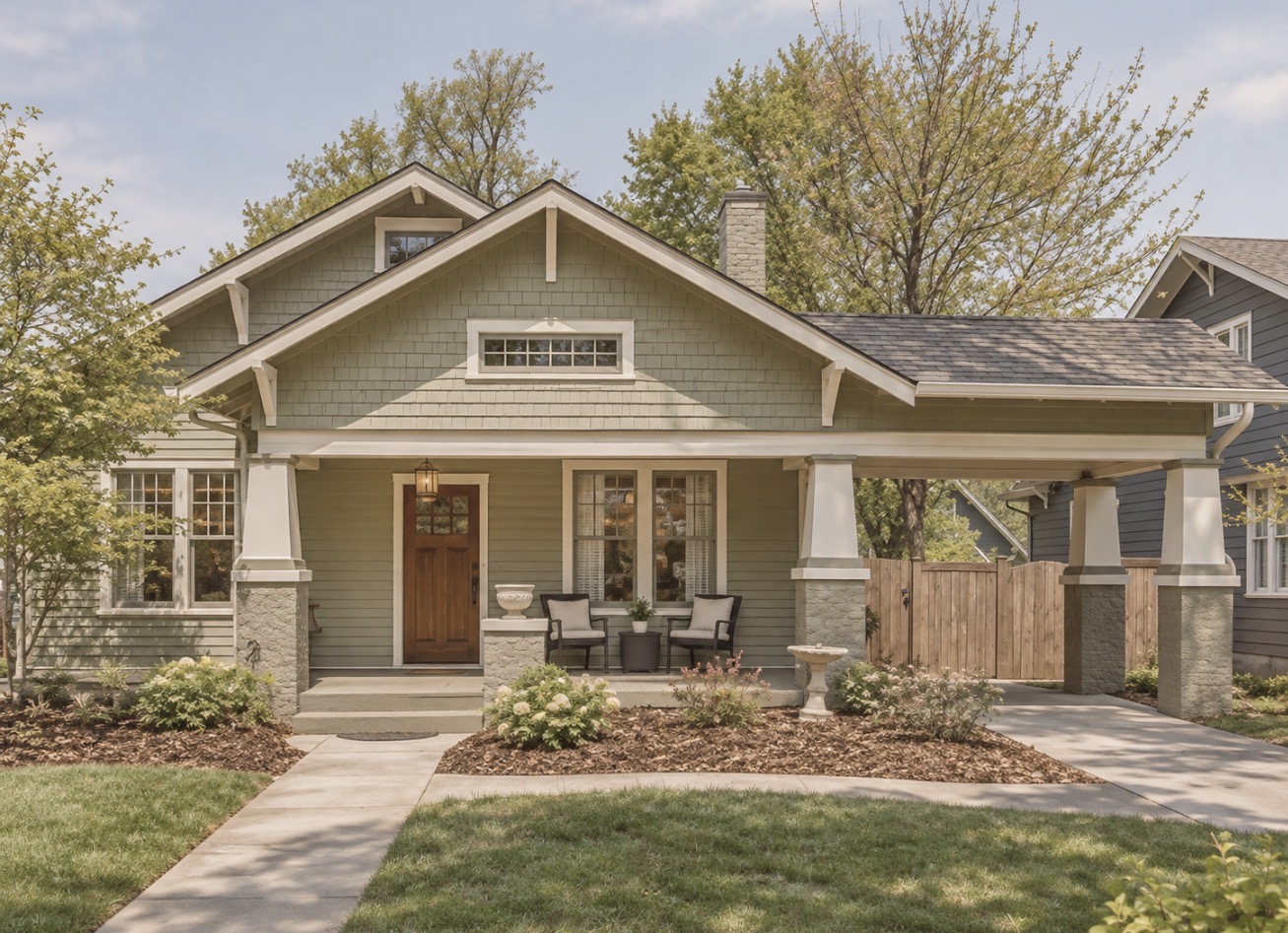 Craftsman bungalow in sage green shingles with a covered front porch and tapered stone columns