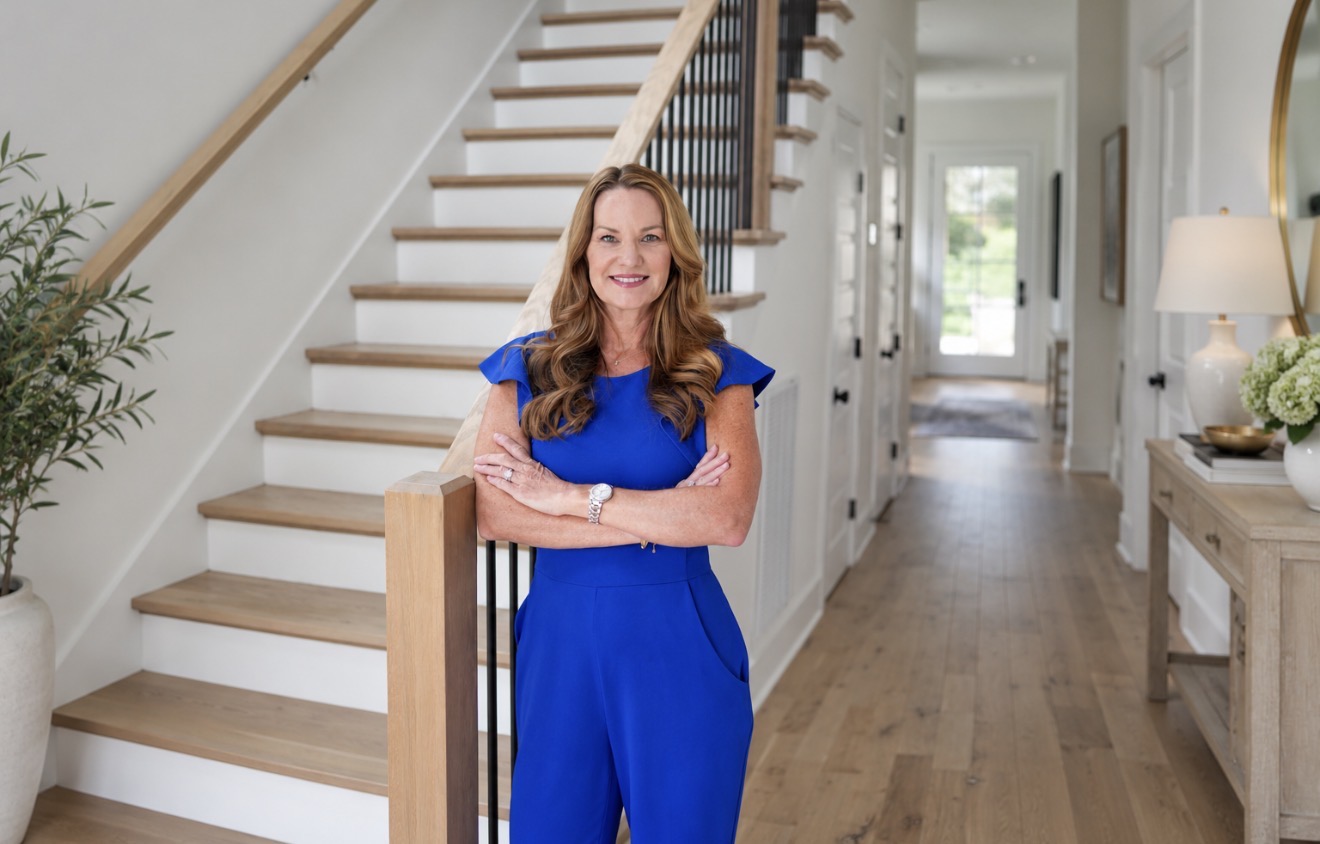 Shannon Ryan standing in a bright home foyer in a blue jumpsuit