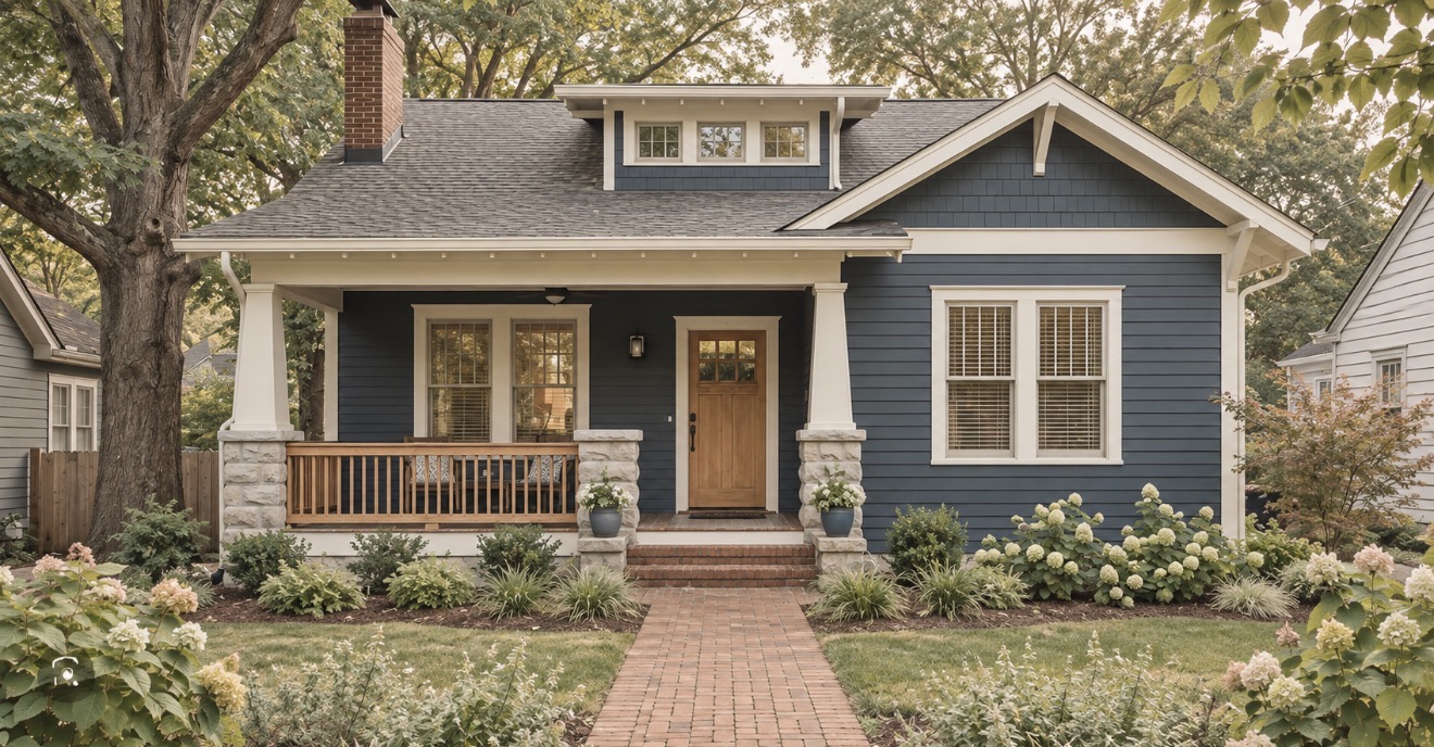 Renovated craftsman bungalow in blue siding with a wood front door, stone porch posts and brick walkway lined with hydrangeas