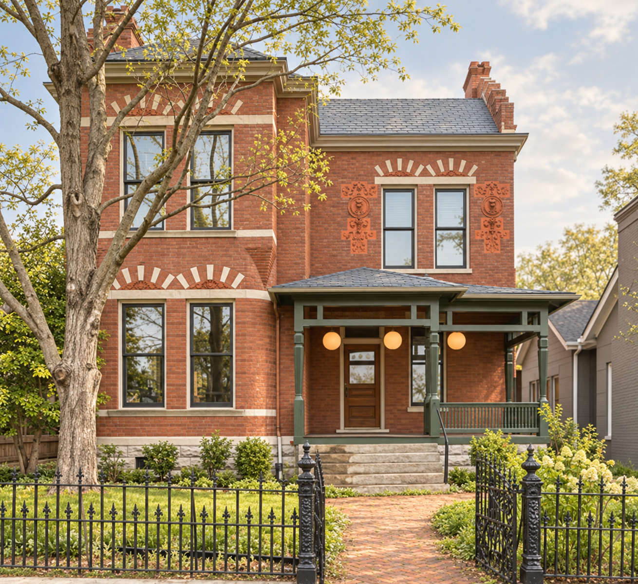 Two-story red brick Victorian home with a deep green front porch, stone belt courses and a wrought-iron fence beside a brick walkway