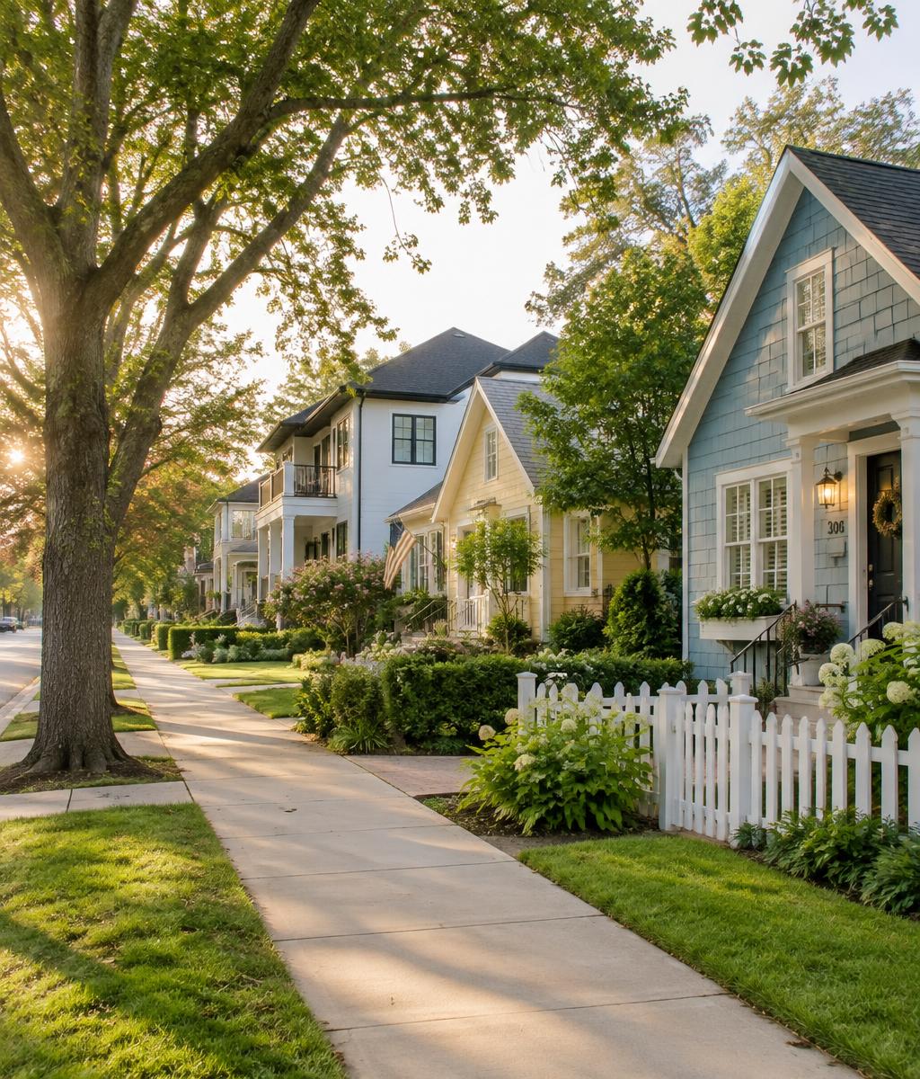 A tree-lined residential street in Sylvan Park, Nashville, with early-20th-century cottages and front porches